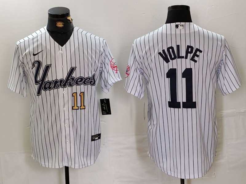 Mens New York Yankees #11 Anthony Volpe White Pinstripe Fashion Cool Base Jerseys